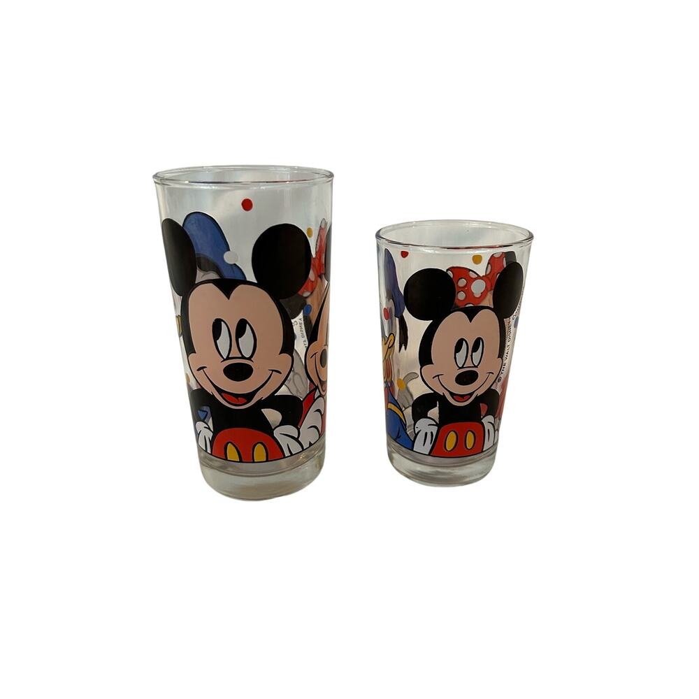 2 VINTAGE MICKEY & MINNIE MOUSE DONALD DUCK DRINKING GLASSES
